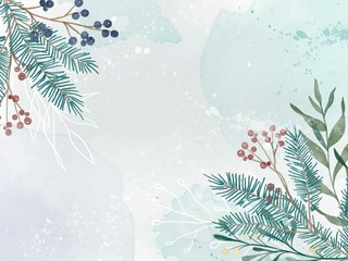 Watercolor winter background with plants, branches, berries and splashes. Christmas pre-made scene