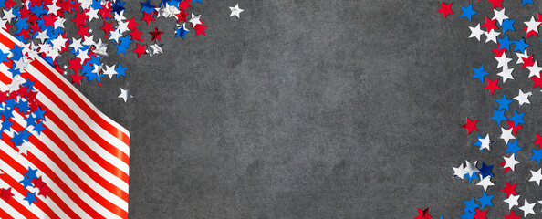 Obraz premium 4th of July American Independence Day. Presidents Day. Red, blue and white star confetti, decorations on gray stone background. Flat lay, top view, copy space, banner