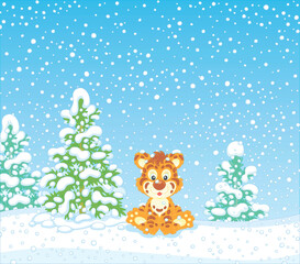 Winter background with a cute baby tiger sitting near a pretty green fir in a snowy forest on a beautiful cold day, vector cartoon illustration