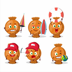 Happy Face orange candy wrap cartoon character playing on a beach