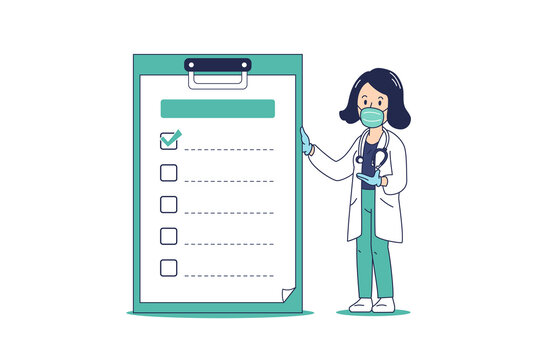 Cartoon female doctor wearing protective mask with checklist on clipboard for design.