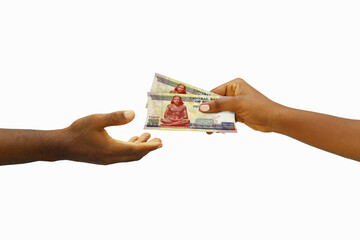Hand giving 3D rendered 200 Egyptian pound notes to another hand. Hand receiving money - obrazy, fototapety, plakaty