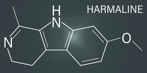 Harmaline indole alkaloid molecule. Found in Syrian rue (Peganum harmala). Skeletal formula.