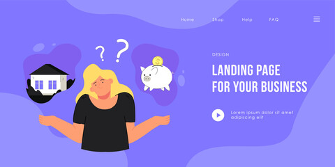 Obraz premium Girl choosing between saving money or buying house. Female person making decision flat vector illustration. Saving and spending, finance concept for banner, website design or landing web page