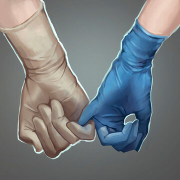 Men's and women's hands in medical gloves