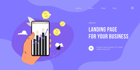 Hand holding phone with statistics flat vector illustration. Finance, money, success, growth curve concept for banner, website design or landing web page