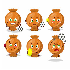 Orange candy wrap cartoon character working as a Football referee