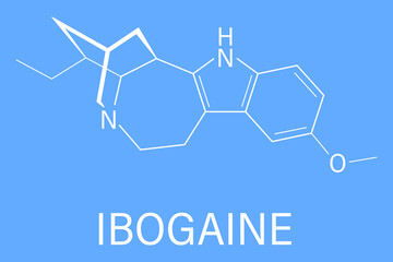 Ibogaine alkaloid molecule, found in Tabernanthe iboga. Skeletal formula.	