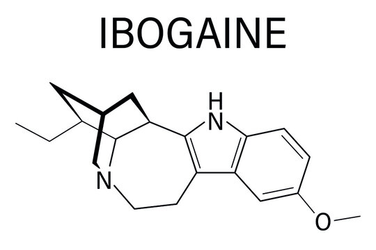 Ibogaine alkaloid molecule, found in Tabernanthe iboga. Skeletal formula.	