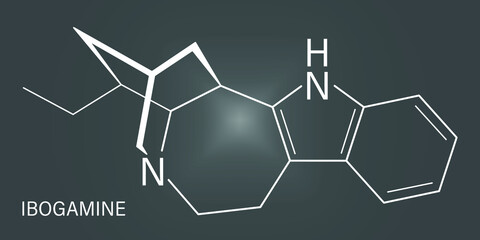 Ibogamine alkaloid molecule, found in Tabernanthe iboga. Skeletal formula.	