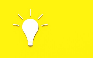 White glowing light bulb with shadow on yellow background. Illustration of symbol of idea. Horizontal image. 3D image. 3D rendering.