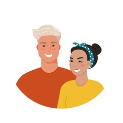 Beautiful couple, young woman and man, portraits. Vector illustration in flat style.