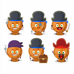Cartoon character of orange candy wrap with various pirates emoticons