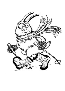 Drawing, graphics, rabbit, winter walk, winter sport