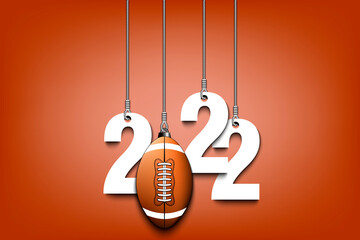 Numbers 2022 and football ball as a Christmas decorations are hanging on strings. New Year 2022 are hang on cords. Template design for greeting card. Vector illustration on isolated background
