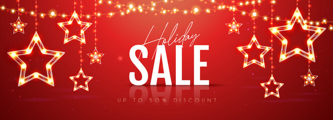 Christmas holiday sale banner with modern glowing star lamps on red background