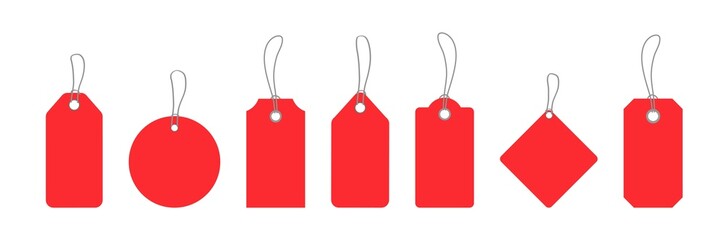 Red paper price tags or gift tags in different shapes. Labels with cord.