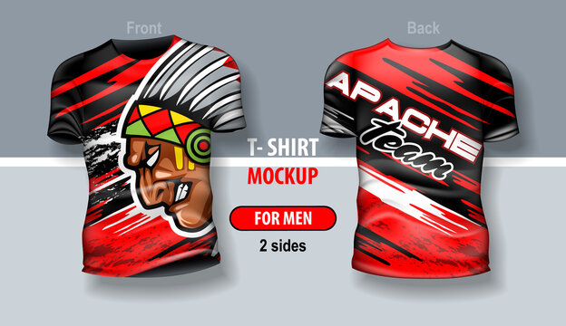 T-shirt for man front and back with Apache team logo. Mock-up for double-sided printing, layered and editable.