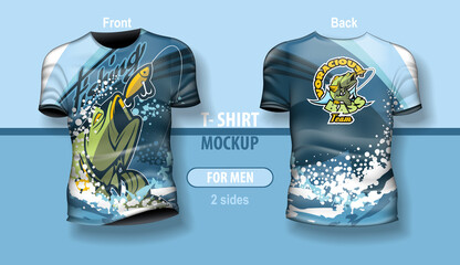 T-shirt for man front and back with fishing blue theme. Mock-up for double-sided printing, layered and editable.