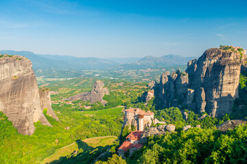 beautiful complex of Meteora monasteries built on rocks, Thessaly, Greece