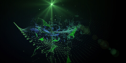 Abstract technology background with polygonal grid analyze and light star. Analytics algorithms data. Quantum cryptography concept. Big data. Banner for business, science and technology.