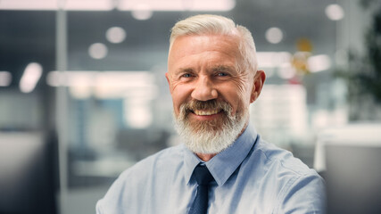 Portrait of a Confident Happy Senior Male Wearing Blue Shirt, Looking at Camera, Genuinely and...