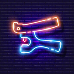 Hole punch for pipe neon icon. Irrigation system, watering system, hose and accessories glowing sign. Vector illustration for design, website, advertising, store, goods