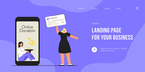 Happy girl holding credit card, making donation online Female person making payment through mobile app flat vector illustration. Charity, help concept for banner, website design or landing web page