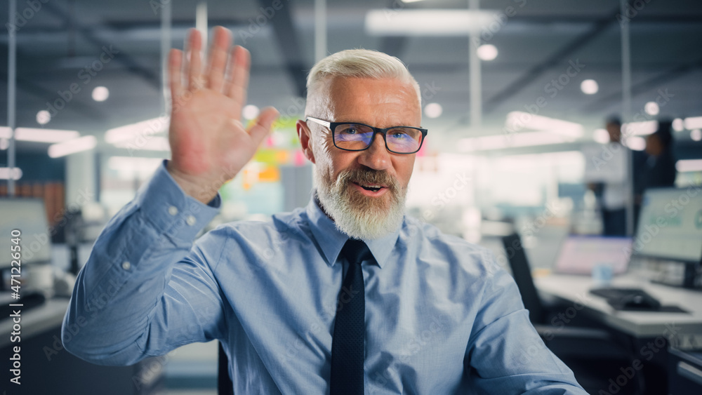 Poster portrait of a handsome experienced senior manager waving to a clients on video call in modern office