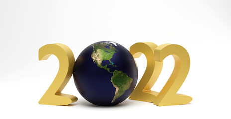 Happy New Year 2022. Golden 3D numbers with earth globe on a white background. 3d illustration, 3D rendering