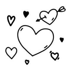 Linear vector illustration with hearts on white background in cartoon style