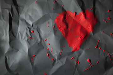 Heart painted with red paint on crumpled gray cardboard, red paint splattered around the heart.