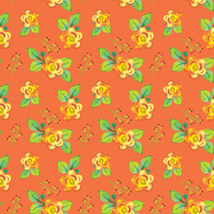 Seamless pattern with bright watercolor flowers. Botanical illustration with flowers, branches and leaves