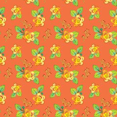 Seamless pattern with bright watercolor flowers. Botanical illustration with flowers, branches and leaves