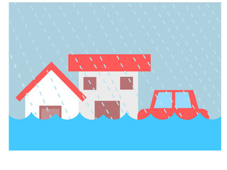 Flood disaster with house and car.Flooding water beacause heavy rain.Natural disaster from storm damage with home.Inforgraphic or insurance.Cartoon vector illustration.