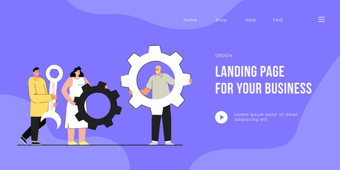 Colleagues holding gear-wheels and wrench. Tiny cartoon woman and men holding tools, working together. Teamwork, togetherness concept for banner, website design or landing web page.