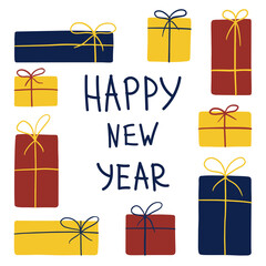 Set of gift boxes isolated on white background. New year inscription. Postcard template. Vector illustration in doodle style