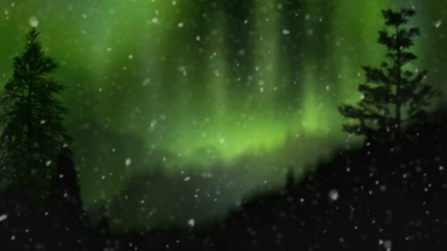 Pine Forest Silhouette with Aurora Borealis and Snow 4K features pine trees and forest silhouetted against a colorful Aurora Borealis sky with snow coming down.
