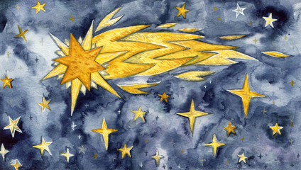 Watercolor sky with stars and comet - beautiful background  - 471228737