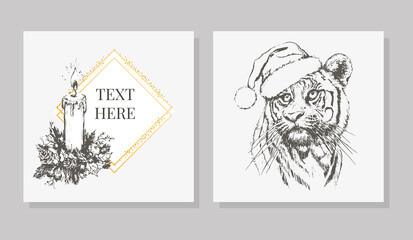 Vector frame Christmas balloon sketch. Tiger, Cute hand-drawn invitation, greeting card. Holiday print illustration, vector illustration