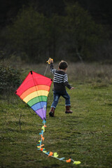 Actively spend childhood in nature. Lifestyle concept. Cute little Caucasian boy runs on green grass in field and launches multicolored striped kite in shape of rhomb with long tail into sky.