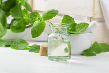 Fresh spearmint leaves and a small bottle with essential mint oil.