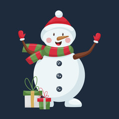 A cute snowman in a hat and striped scarf stands with open arms and gift boxes. A Christmas cartoon character in a flat style is isolated on a dark background. Color vector illustration