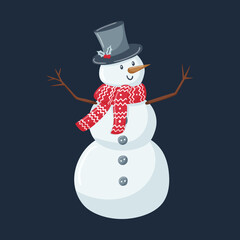 A cute snowman in a hat and a patterned scarf stands with open arms. A Christmas cartoon character in a flat style is isolated on a dark background. Color vector illustration.