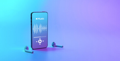 Music banner. Mobile smartphone screen with music application, sound headphones. Audio voice with...