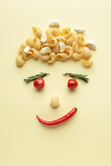 Funny portrait of a chef. Using ingredients for making pasta.