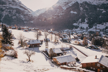 amazing touristic alpine village in winter Grindelwald  Switzerland  Europe