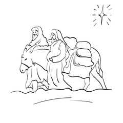 line art Mary and Joseph journeying with a donkey illustration vector isolated on white background