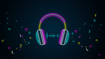 neon colorful headphone and music notes on brick wall