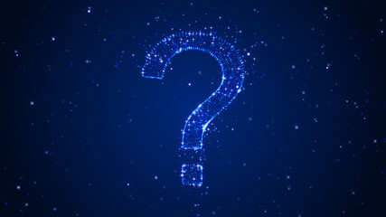 3d particle question mark glowing on blue background